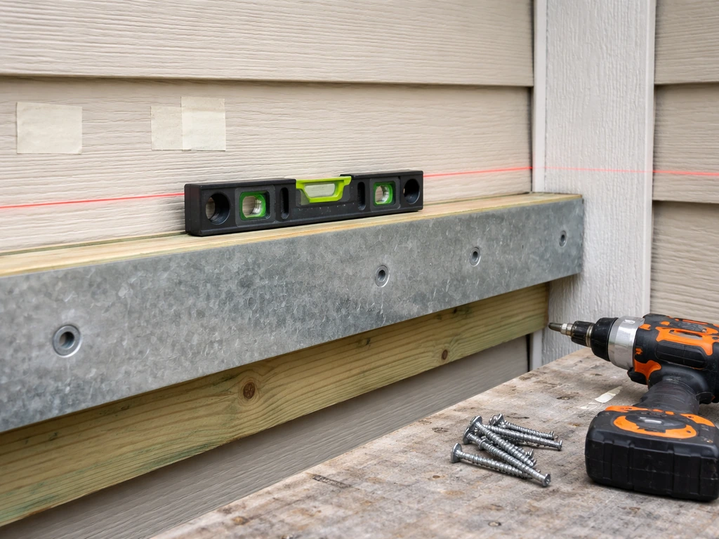 Close-up of ledger board attachment planning at a house wall with level and laser line aligned.