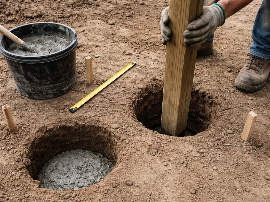 Close-up of a fence post being set into a concrete footing hole with two outer post locations marked.