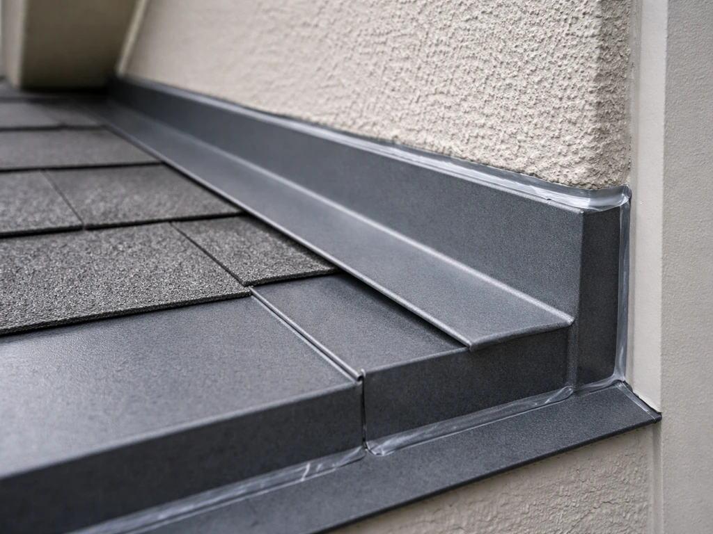 Close-up of roof-to-wall flashing junction with visible layers and sealant lines at an exterior house corner.