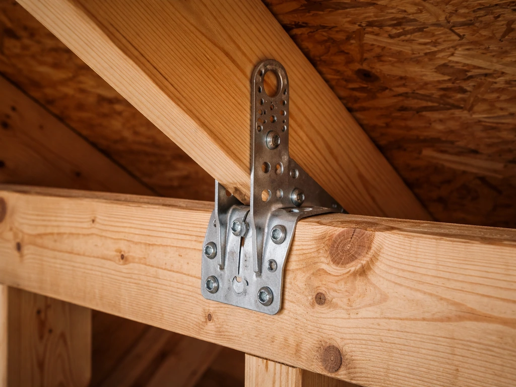 Close-up of a galvanized hurricane tie strapped and screwed at a rafter-to-beam connection point.