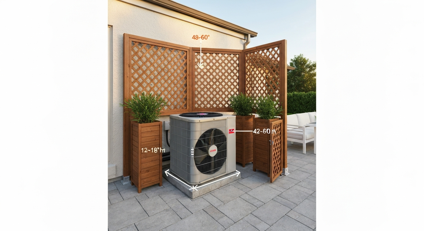 Patio with AC condenser hidden behind a wooden lattice screen and planters; hinged access panel open and measurement overlays showing clearance distances.