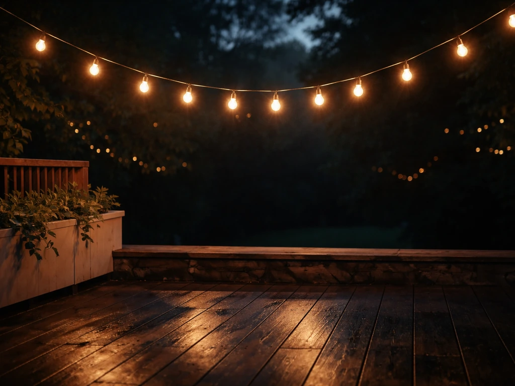 Warm overhead patio string lights casting soft shadows across a cozy outdoor space.