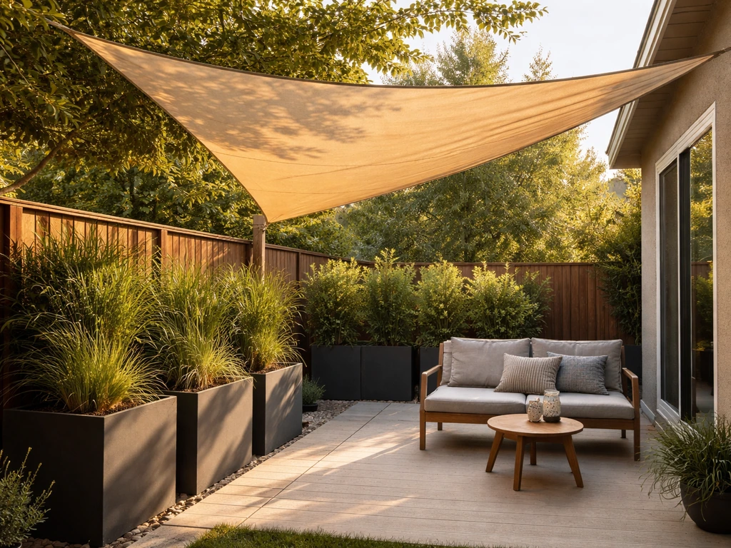 DIY shade sail over a patio with potted planters creating privacy and weather comfort