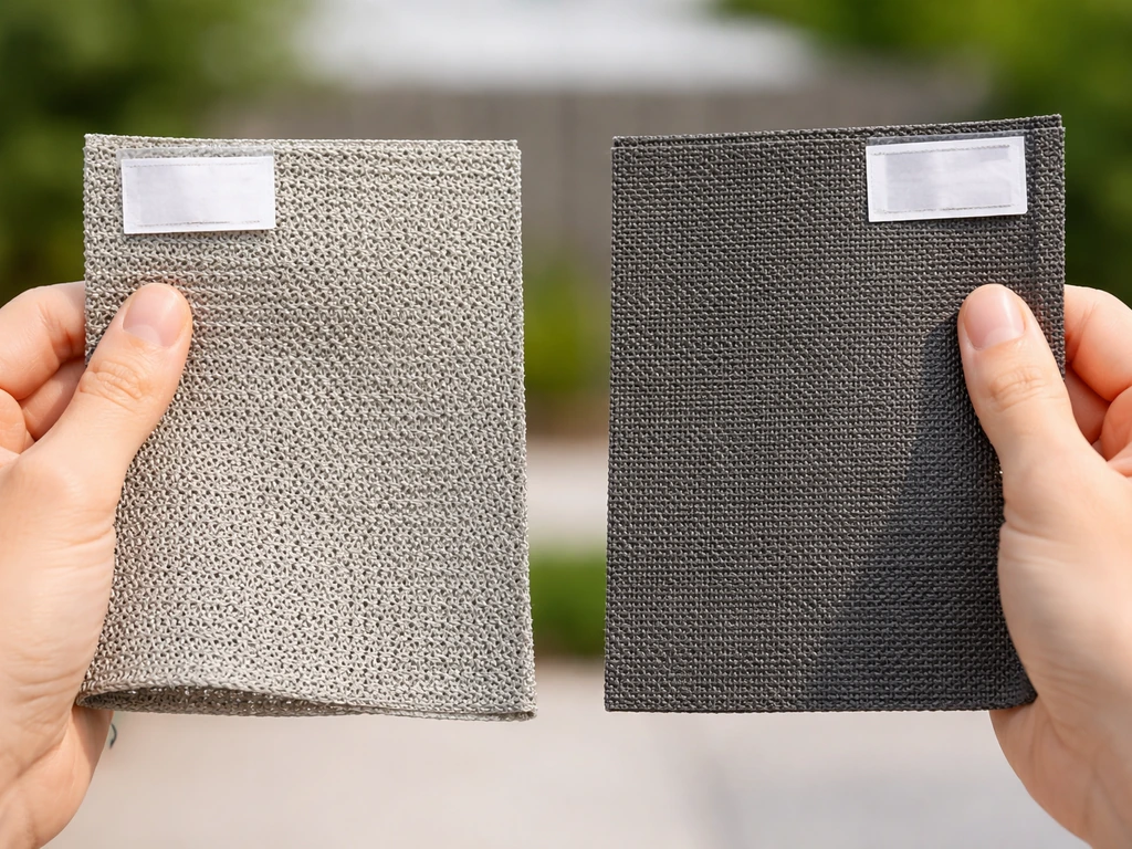 Close-up of hands holding HDPE knitted shade fabric and a thicker PVC-coated shade cloth side by side.
