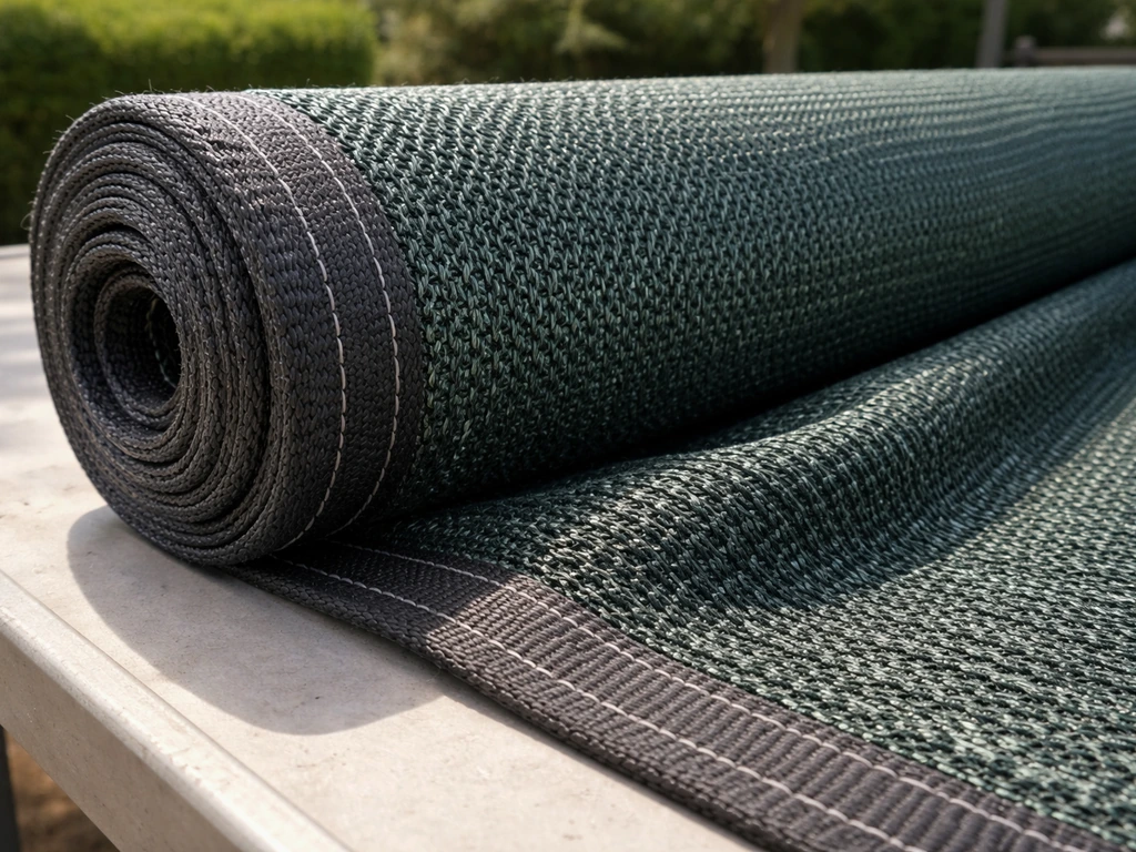 Close-up of knitted HDPE shade cloth weave with visible edge binding, ready for outdoor installation
