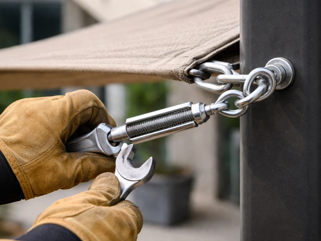 Worker tightening a turnbuckle at an installed eye-bolt anchor on shade fabric, corner setup