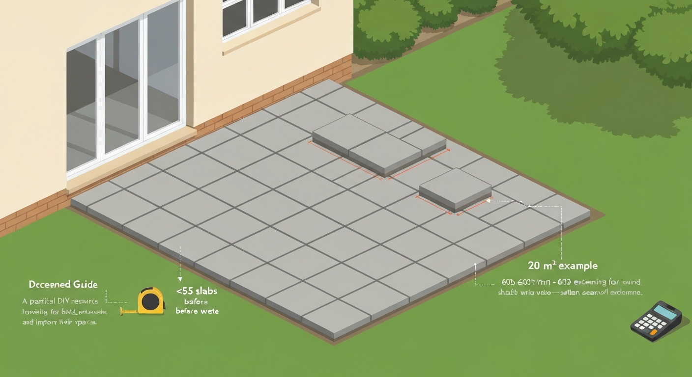 Isometric infographic of a paved patio with labeled slabs, joint widths, and area (20 m² example).