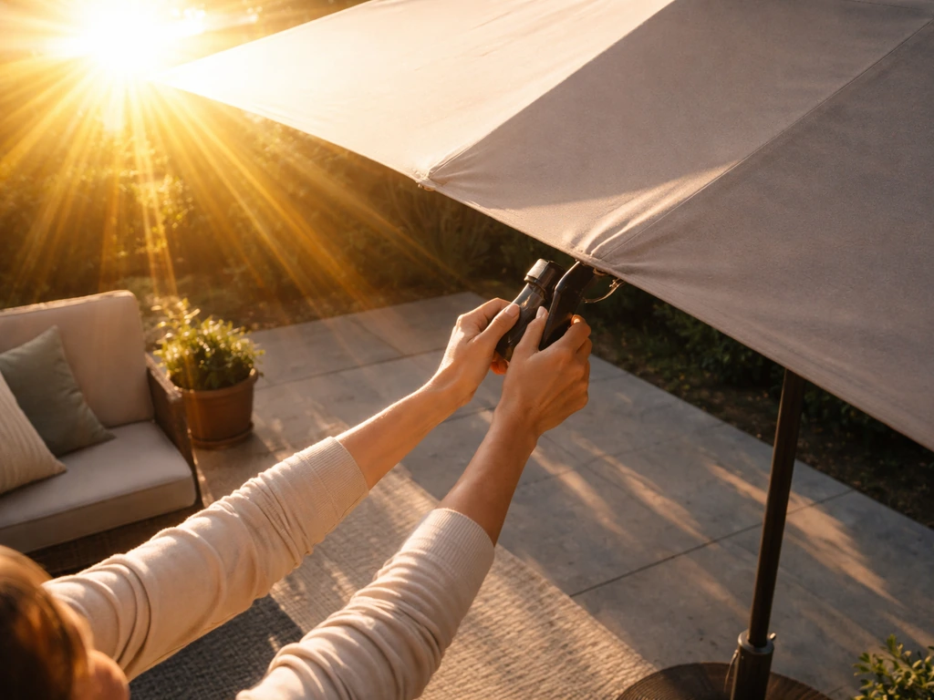 Overhead view of a sunlit patio at golden hour, with a canopy blocking glare from the sun rays