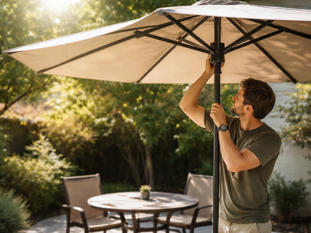 Person adjusting a temporary cantilever or market umbrella over a patio to block afternoon sun.