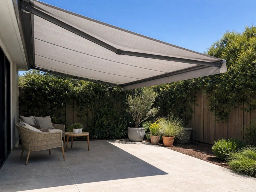 Retractable awning extended over a patio, with a crisp sunlit vs shaded boundary beside it.