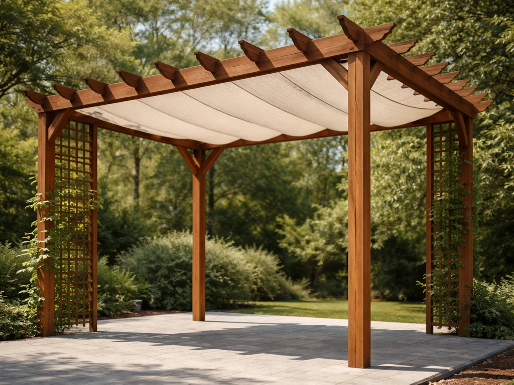 Backyard pergola with shade fabric stretched over the top slats and climbing plants starting to cover it