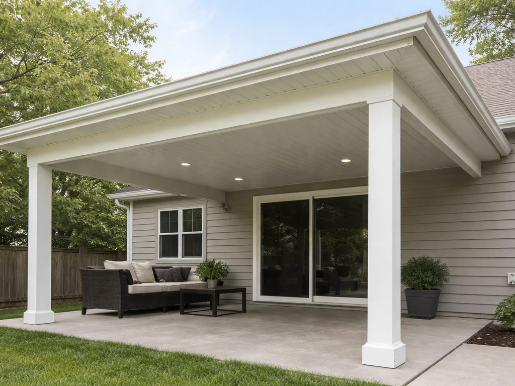 Patio roof extension attached to a house, shading the patio with a permanent weatherproof cover.