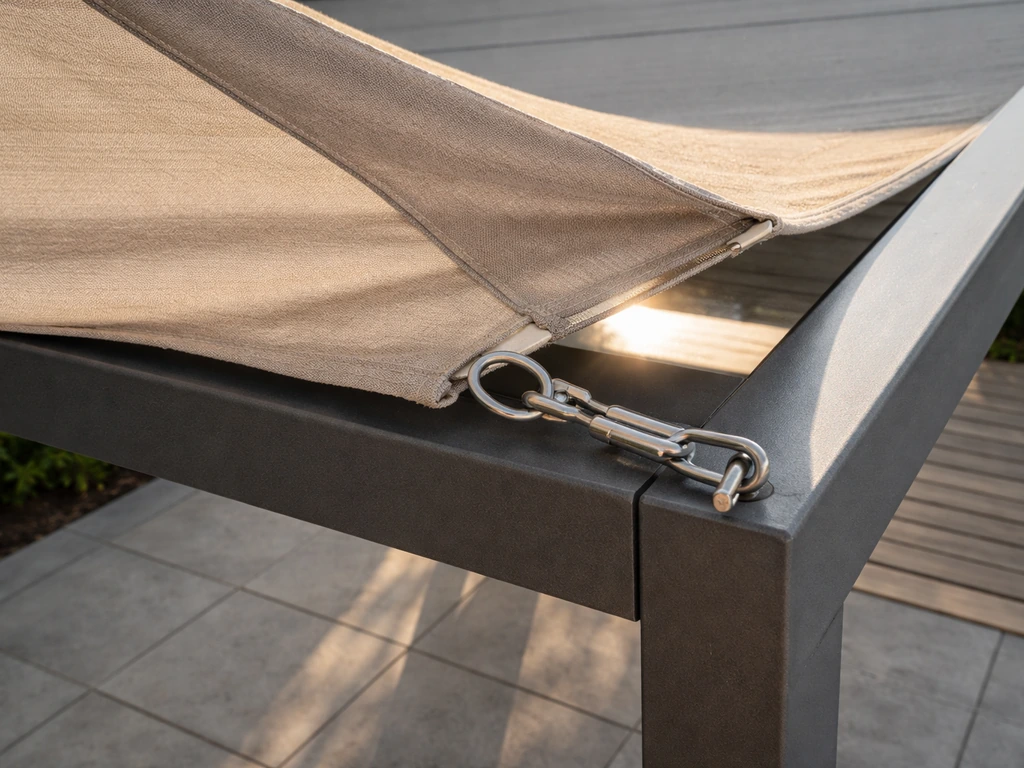 Close-up of a sagging outdoor shade fabric with a visible turnbuckle and sunlight leaking through a gap.