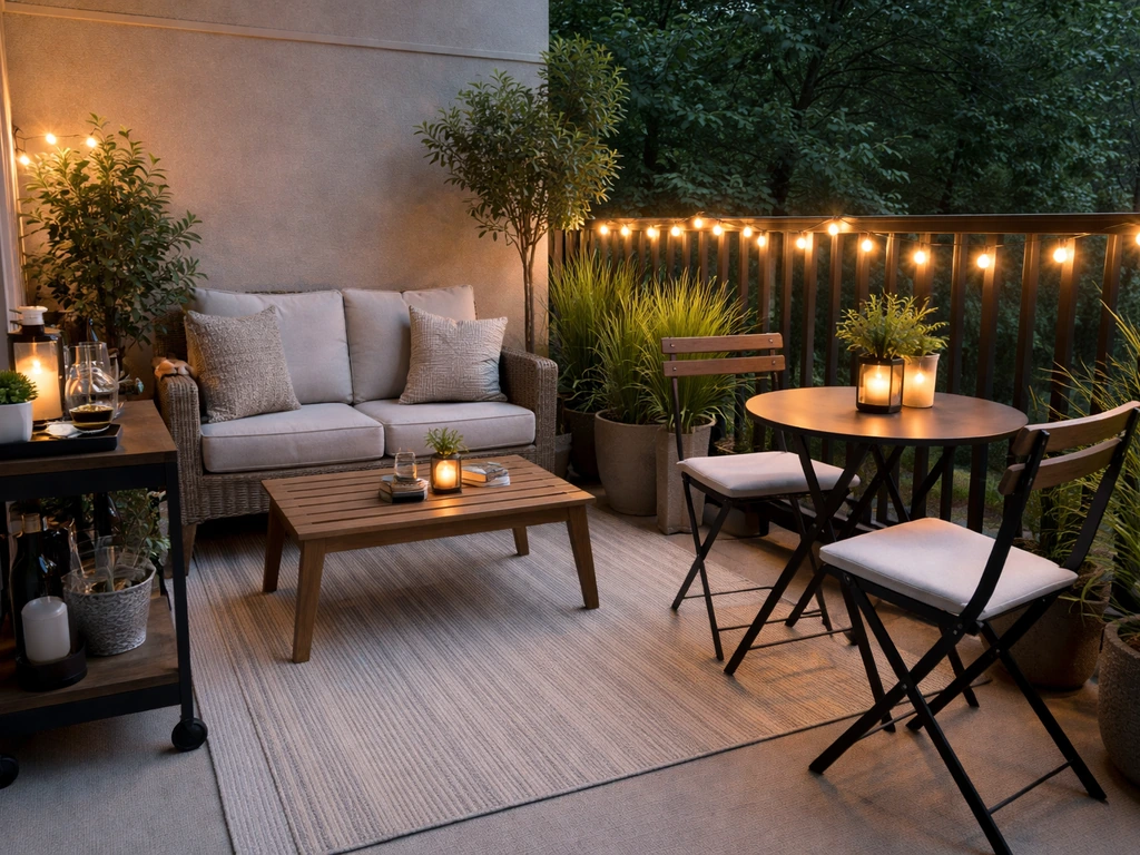Evening view of a small condo patio with separate seating and dining zones, warm lights, and durable outdoor furniture.
