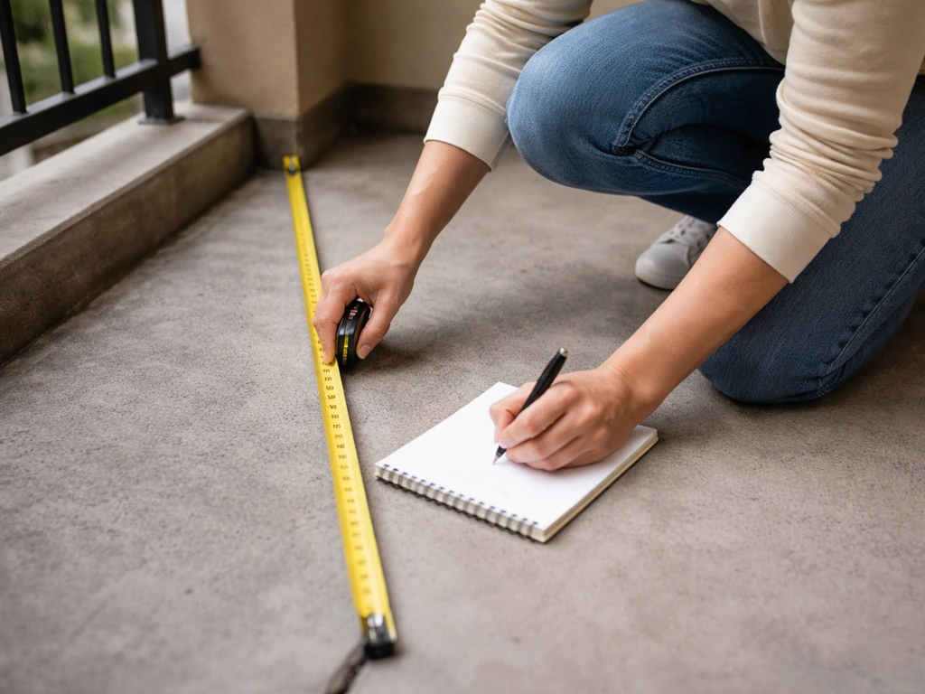 Person measuring a small condo patio with a tape measure, writing patio dimensions on a notepad.