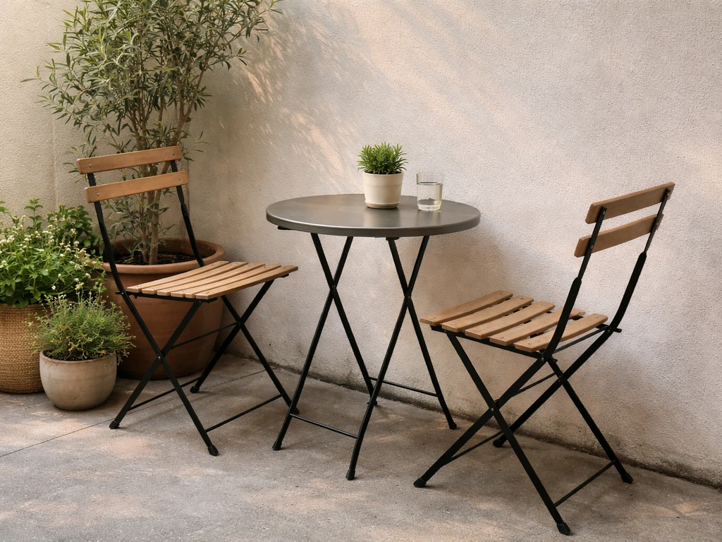 Small patio bistro set with slim-profile chairs and round table in natural morning light.
