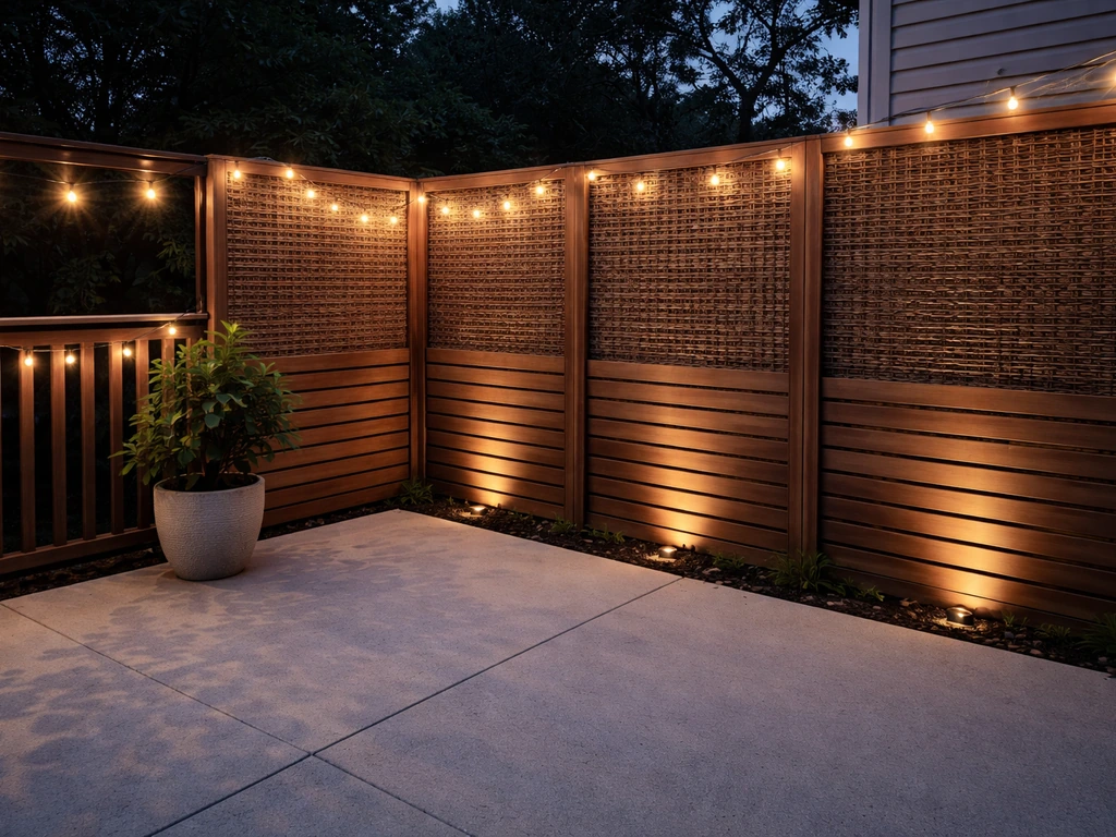 Warm string lights along a patio railing next to a woven privacy screen providing shade
