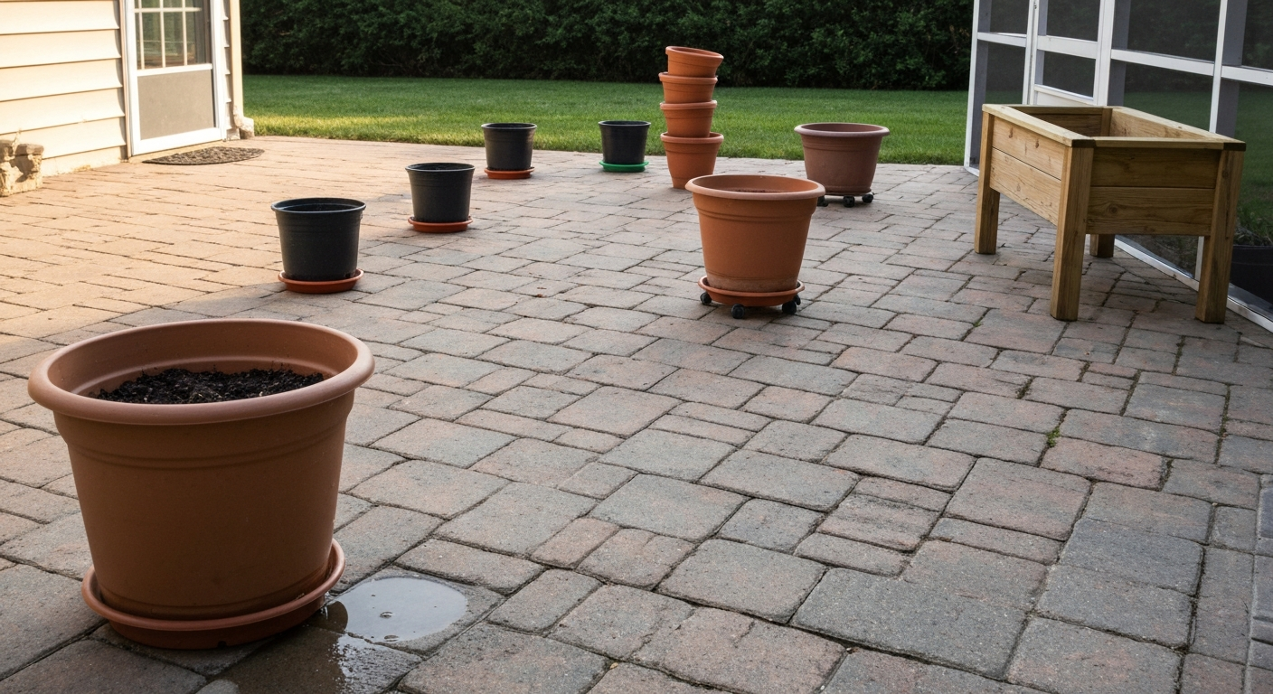 Wide photo of a patio with multiple planters on saucers, risers, a wheeled plant caddy, and a raised planter on legs illustrating proper protection methods for pots.