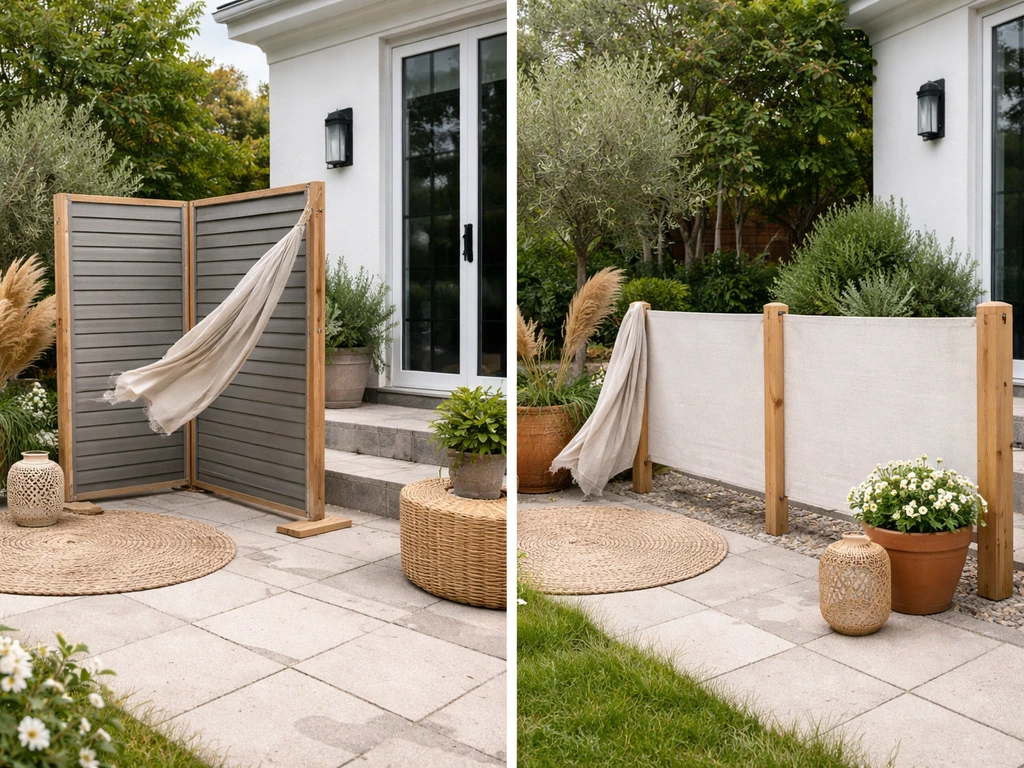 Minimal patio with a freestanding panel screen on one side and in-ground windbreak posts on the other.
