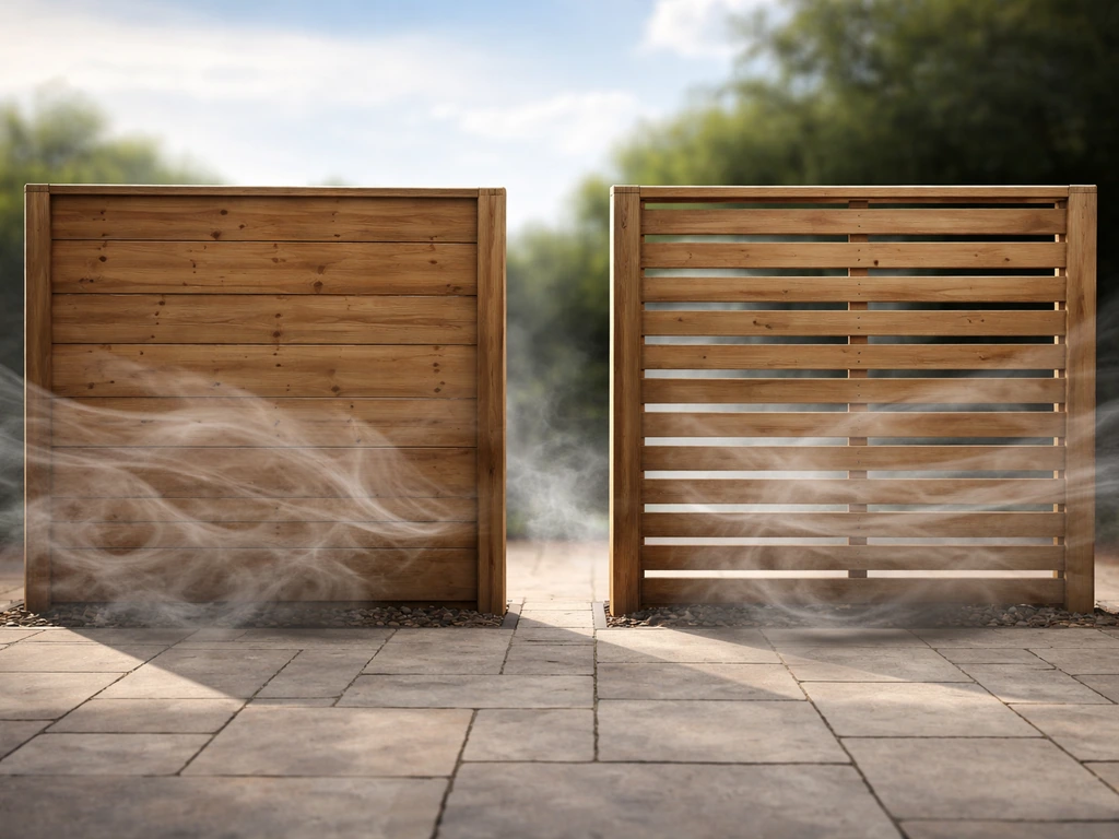 Patio windbreak comparison: solid board fence vs slatted panel with visible airflow behind them