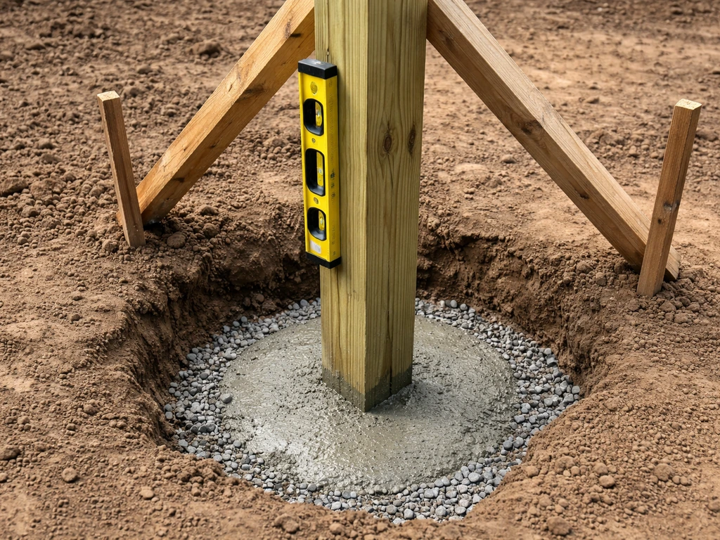 Close view of wooden fence posts being set in concrete with gravel at the hole bottoms, braces and level check