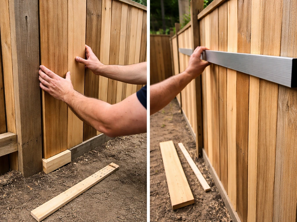 Person installing wood fence infill slats with spacer block for even gaps, then sight-checking alignment