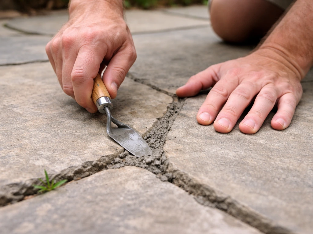 Close-up of hands pointing and filling mortar into patio flag joints between stone slabs.