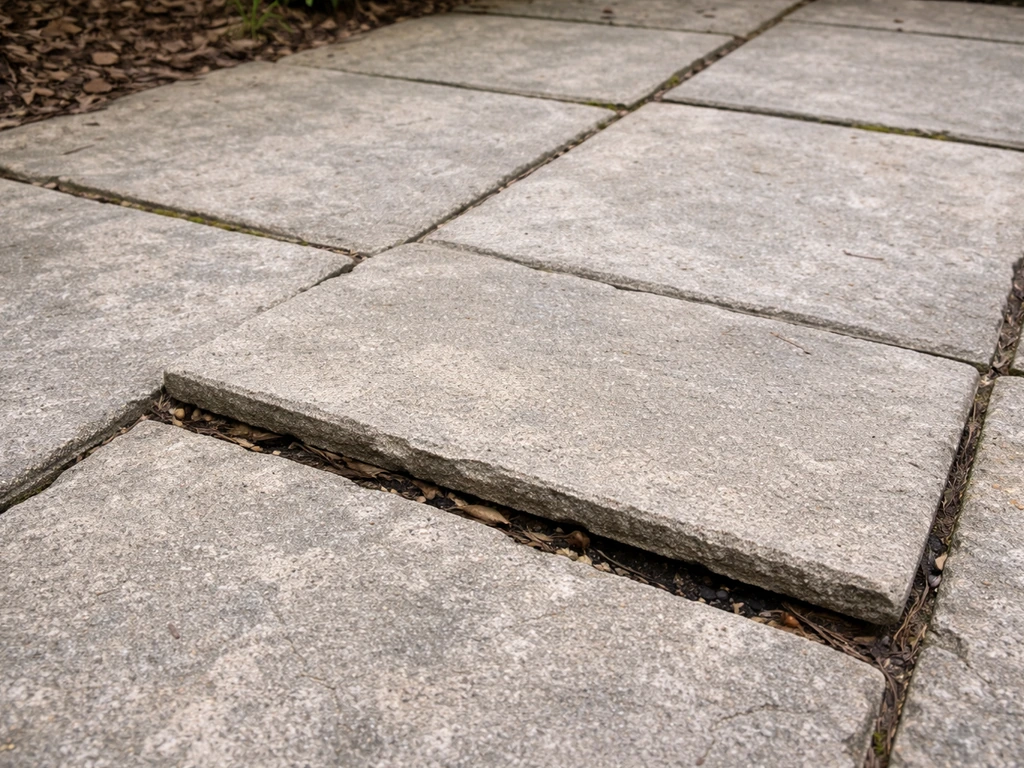 Close-up of a patio with cracked, crumbling mortar joints and a slightly rocking stone slab.