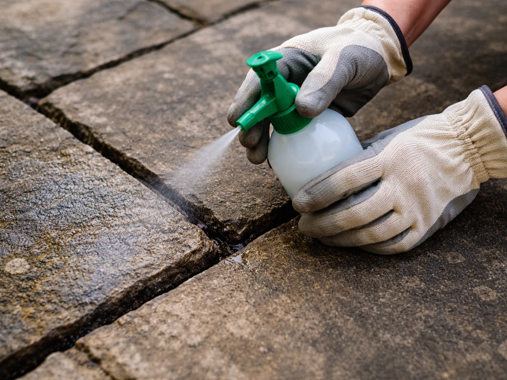 Hand-held sprayer misting water into patio flag joints before mortar application