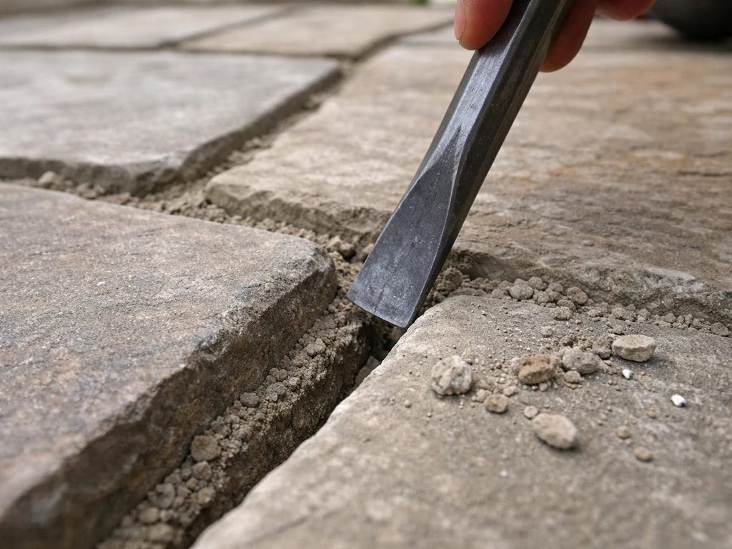 Cold chisel breaking out crumbling mortar in a patio stone joint, clean cavity after removal.