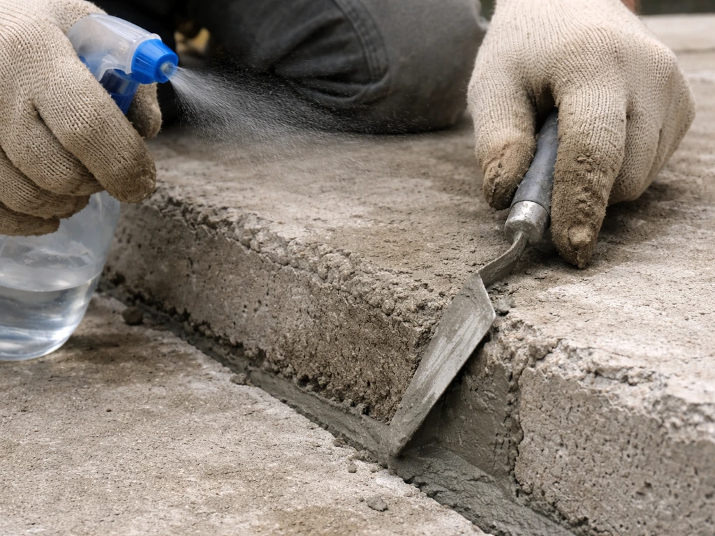 Gloved hands misting and packing fresh mortar into a narrow concrete joint, then tooling it smooth.