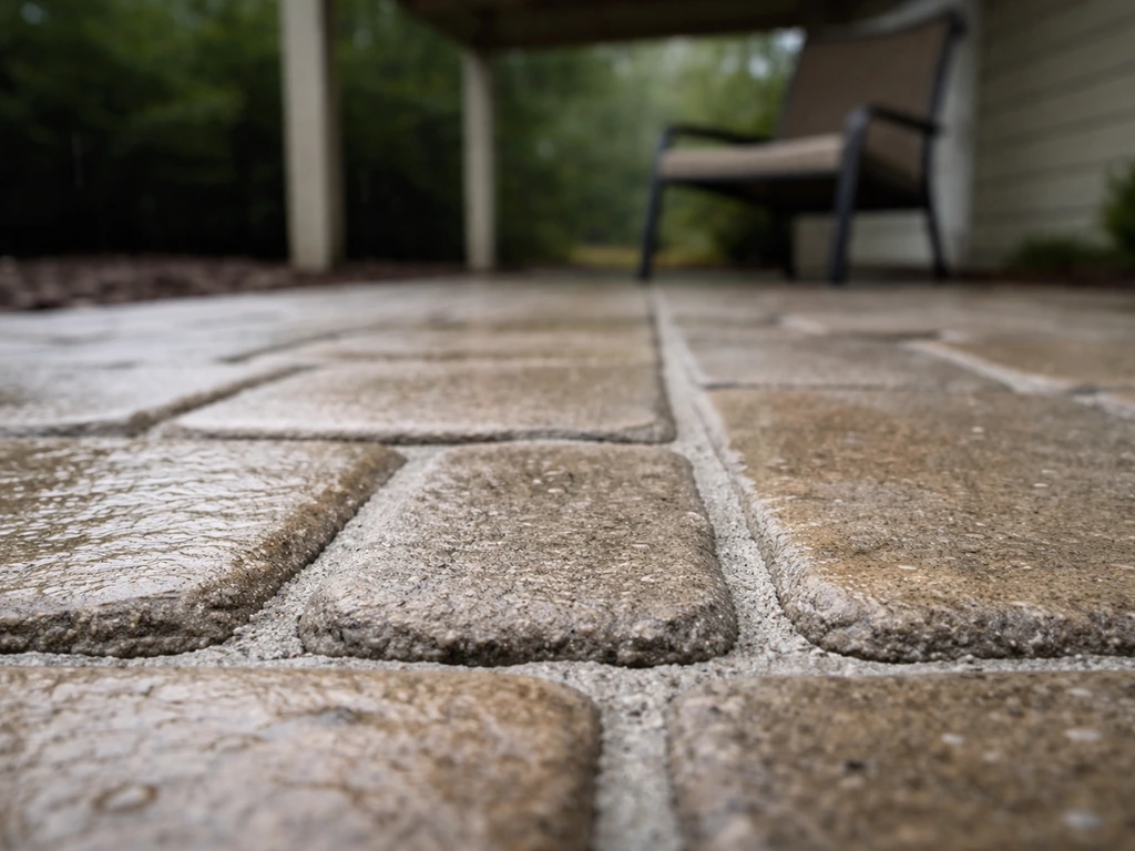 Fresh mortar joints between patio pavers under covered shade, rain-dampened stones, no foot traffic.