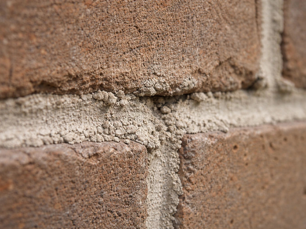 Close-up of a crumbling masonry mortar joint with soft, weak mortar texture after curing