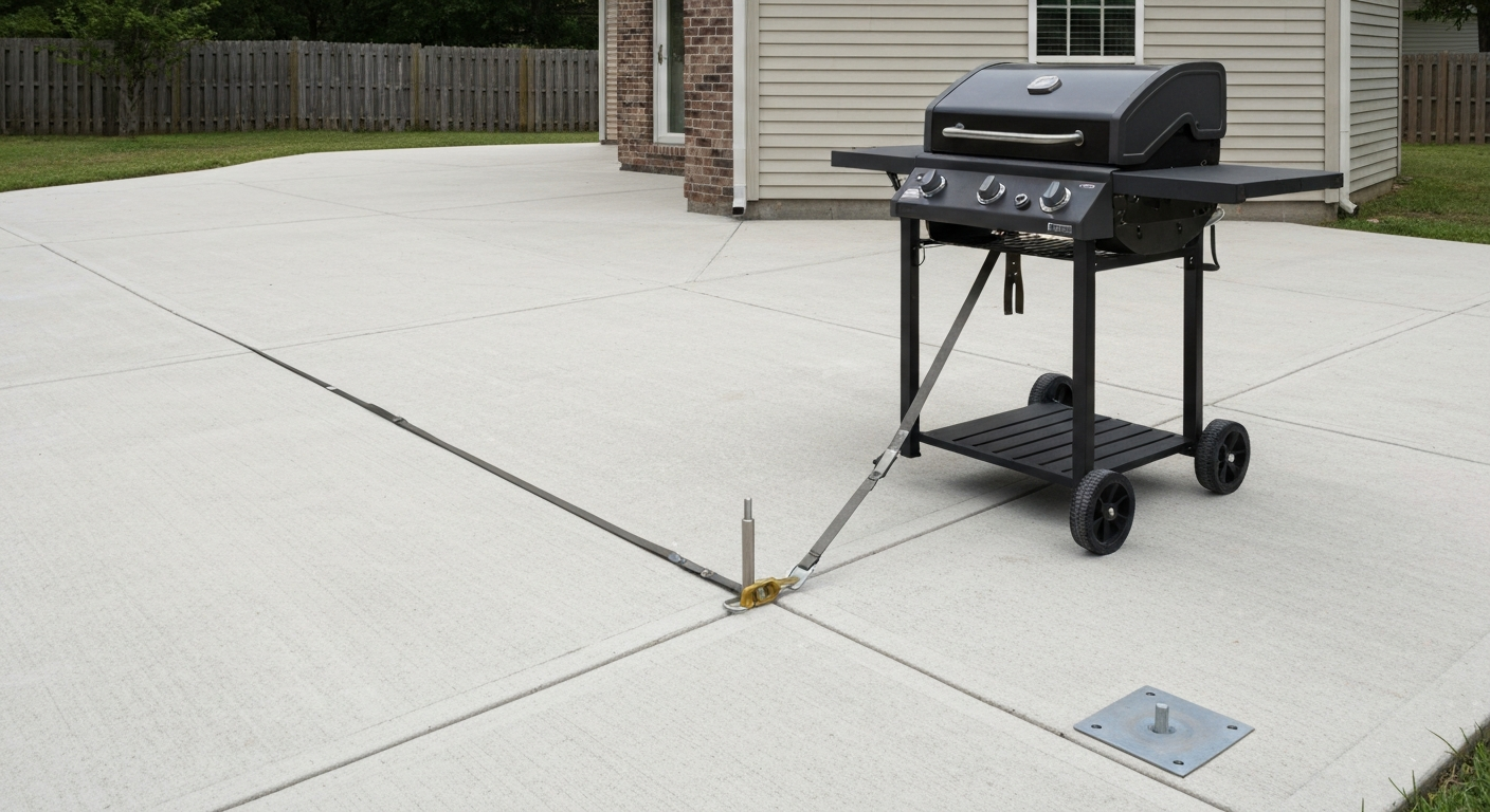 Photorealistic patio scene showing a cart gas grill secured with wheel chocks and a ratchet strap to an eye bolt anchored in a concrete slab; anchor plate visible nearby.