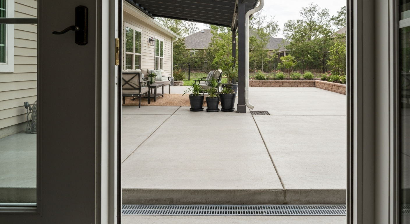 Well-protected patio with pergola/awning, sealed slab, channel drain, and potted plants on risers.
