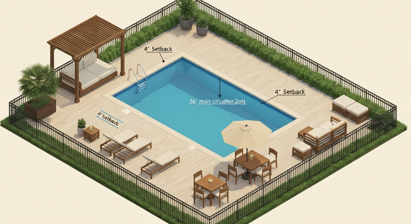Isometric illustration of a pool deck with furniture zones and labeled clearances (36-inch path and 4-foot setback).