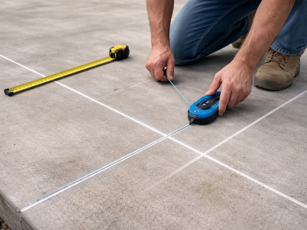 Hands marking chalk lines on a concrete slab, post locations outlined and diagonals squared with a tape measure