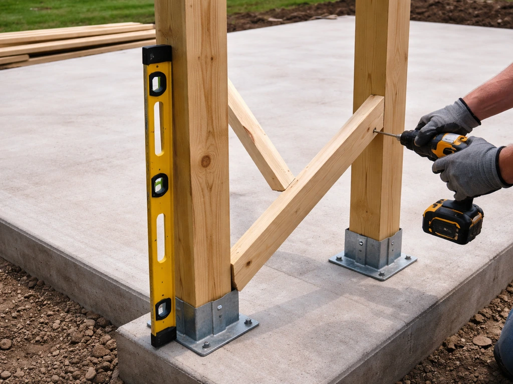 Worker’s hands tightening temporary diagonal braces on level corner posts at a new construction site