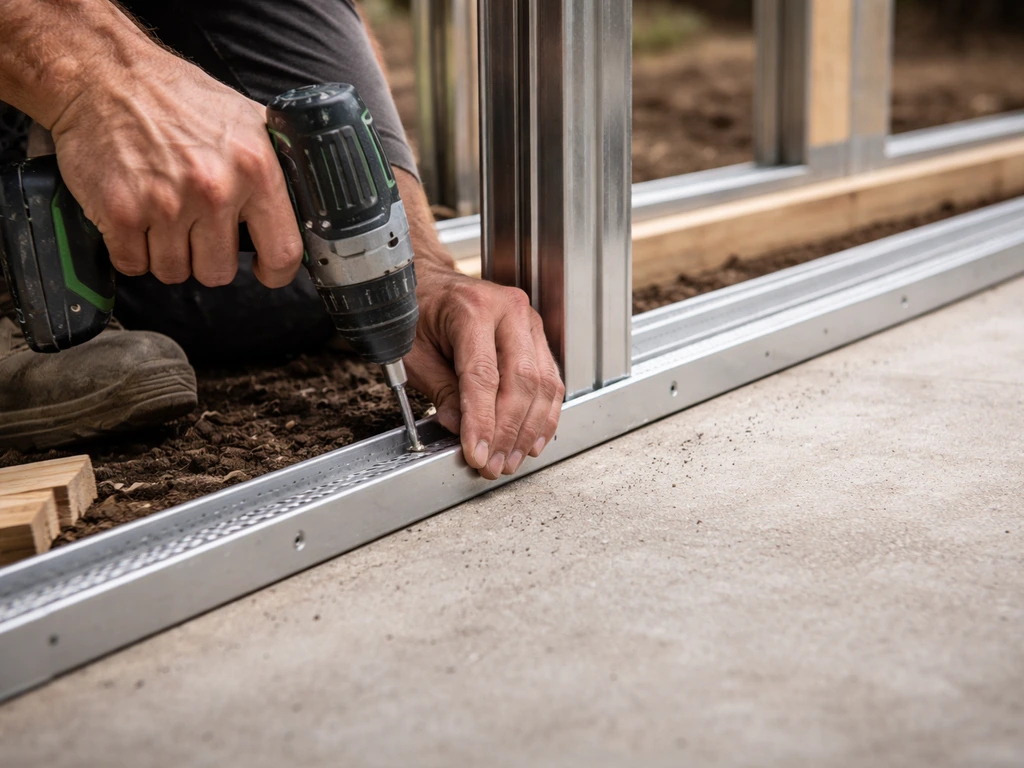 Close-up of a worker screwing a screen base channel to perimeter framing at slab level.