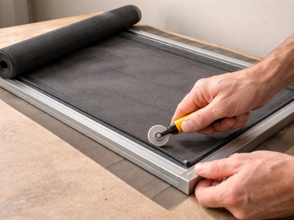 Close-up of screen mesh draped over an opening while the spline is pressed into the channel and trimmed.