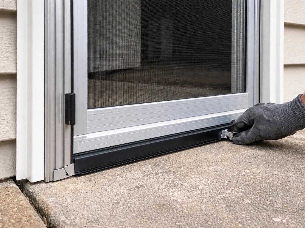 Worker installing a screen door frame and threshold sweep to seal gaps, minimal indoor/outdoor entryway