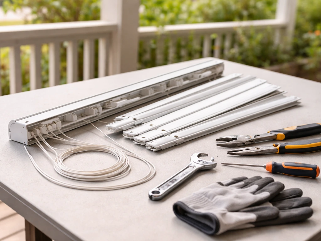 Partially disassembled patio blind on a work surface with repair tools, ready for DIY fix steps.
