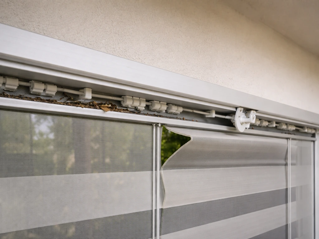 Patio blind beside visible track debris, a slightly twisted vane, and a misaligned carrier bracket.