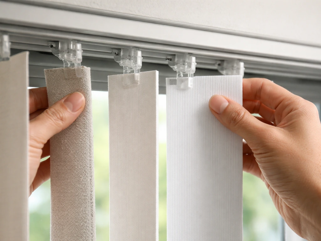 Close-up of a hand removing a broken vertical blind slat and snapping in a new one.