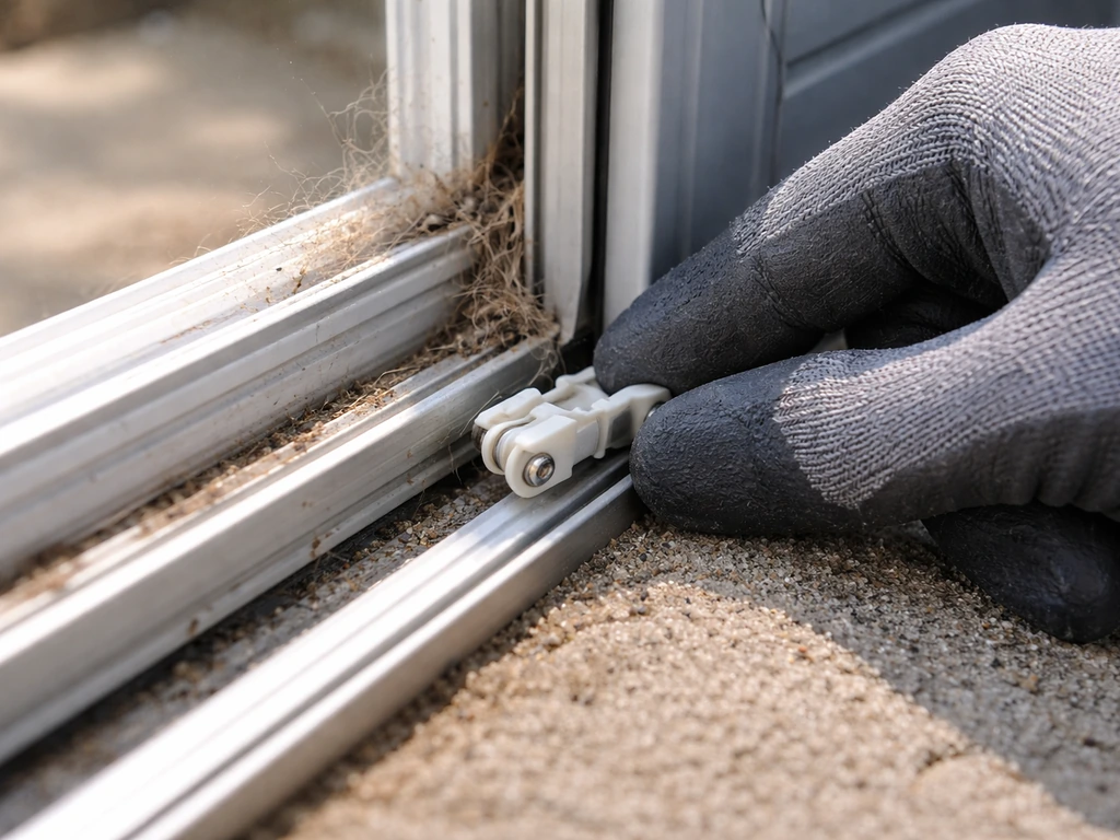 Gloved hands realigning a patio track vane carrier amid grit and small spider webs.