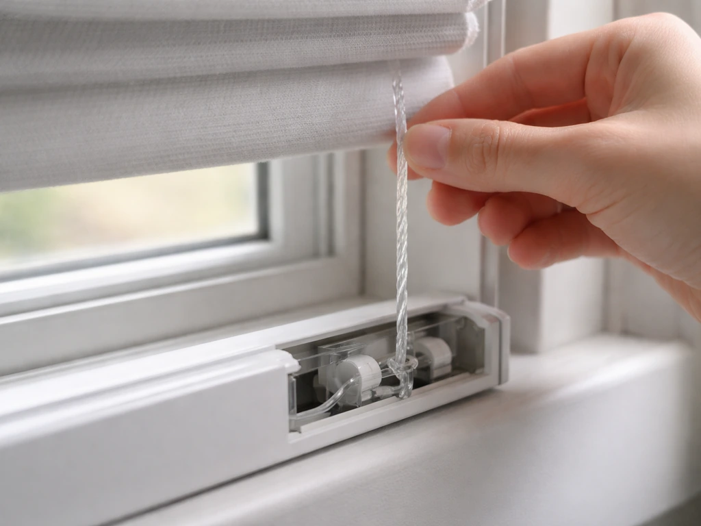 Close-up of a roller blind cord pulled taut with the cord lock and bottom rail area exposed.