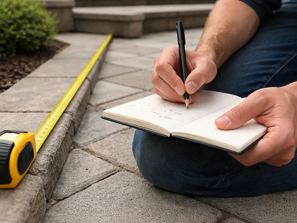 Hands measure a patio with a tape measure while writing patio dimensions in a notebook