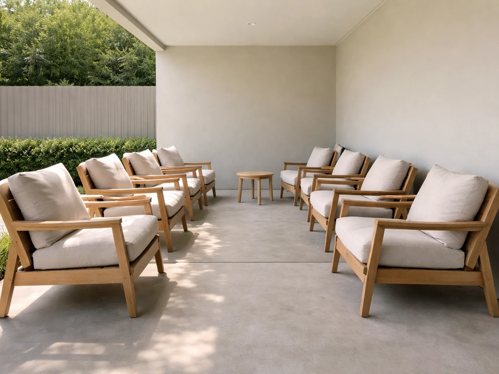 Minimal outdoor patio with chairs tucked along one side, angled inward, leaving a clear walkway.