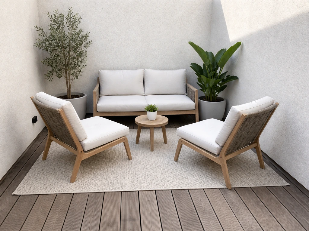 L-shaped patio corner with two chairs angled diagonally toward the center, minimal outdoor seating.