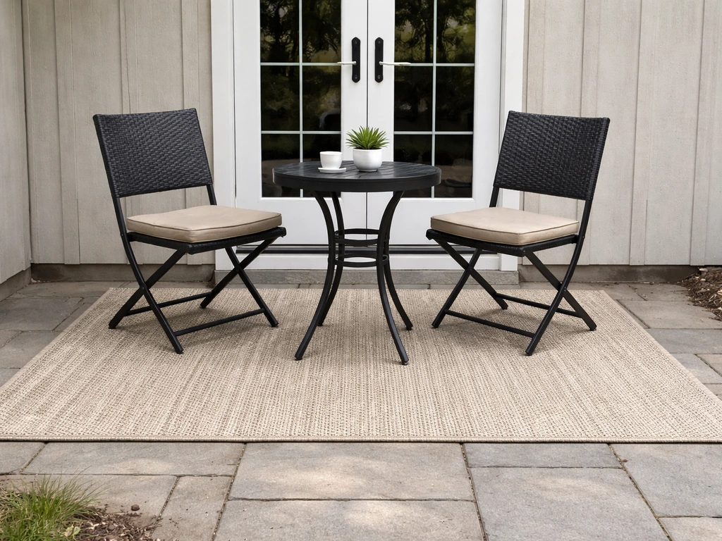 5x7 outdoor rug under a small bistro seating set on a patio, walkway to the door left clear